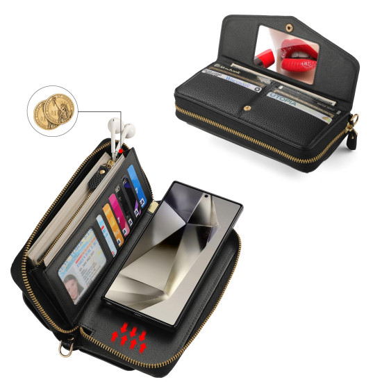 For Samsung Galaxy S24+ 5G Crossbody Multi-functional Zipper Wallet Litchi Leather Phone Case(Black)