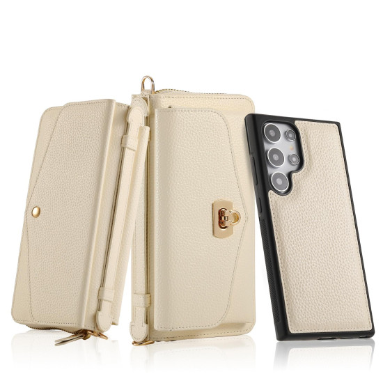 For Samsung Galaxy S24+ 5G Crossbody Multi-functional Zipper Wallet Litchi Leather Phone Case(Beige)