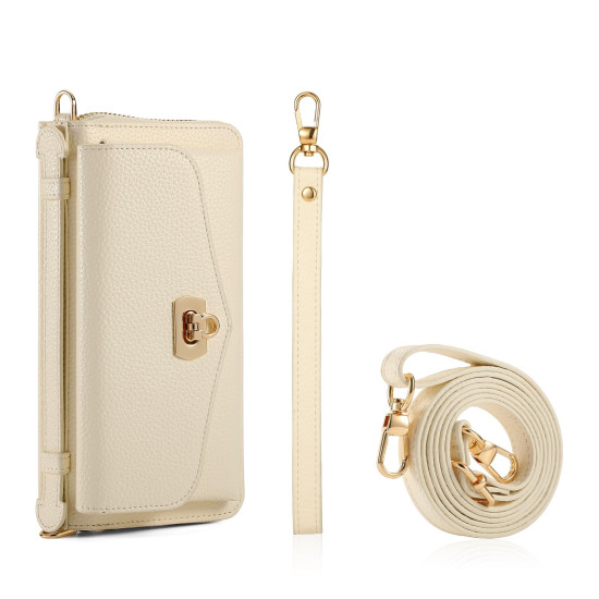 For Samsung Galaxy S24+ 5G Crossbody Multi-functional Zipper Wallet Litchi Leather Phone Case(Beige)
