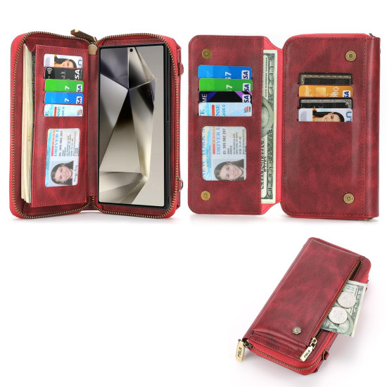 For Samsung Galaxy S24+ 5G Crossbody Multi-functional Zipper Wallet Leather Phone Case(Red)