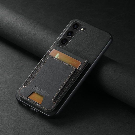 For Samsuny Galaxy S23+ 5G Suteni H03 Litchi Leather Card Bag Stand Back Phone Case(Black)