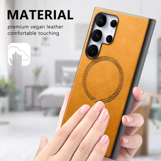 For Samsung Galaxy S23+ 5G Solid Color Retro Magsafe PU Back Cover Phone Case(Yellow)