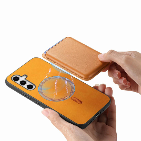For Samsung Galaxy S24+ 5G Retro Magsafe Card Bag PU Back Cover Phone Case(Yellow)