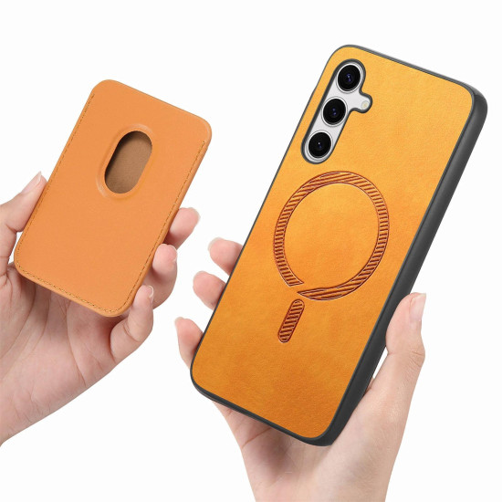 For Samsung Galaxy S24+ 5G Retro Magsafe Card Bag PU Back Cover Phone Case(Yellow)