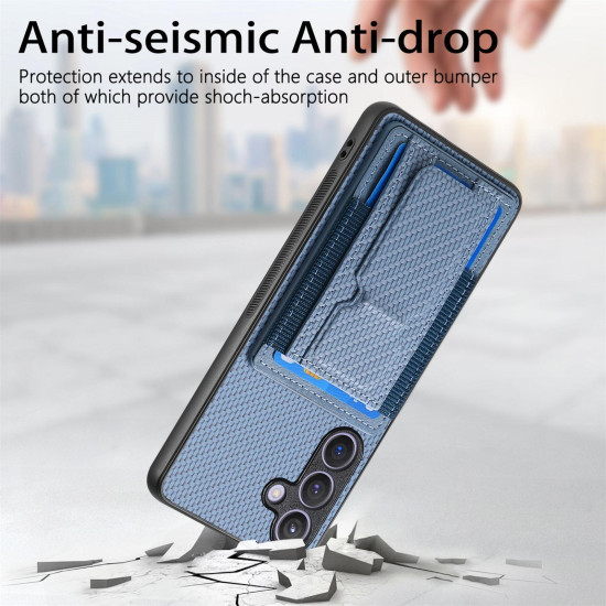 For Samsung Galaxy S24+ 5G Carbon Fiber Fold Stand Elastic Card Bag Phone Case(Blue)
