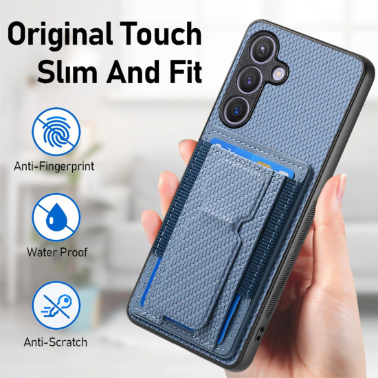 For Samsung Galaxy S24+ 5G Carbon Fiber Fold Stand Elastic Card Bag Phone Case(Blue)