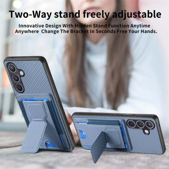 For Samsung Galaxy S24+ 5G Carbon Fiber Fold Stand Elastic Card Bag Phone Case(Blue)