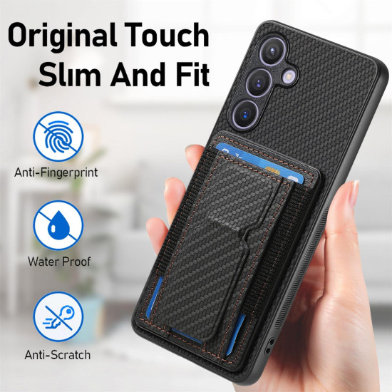 For Samsung Galaxy S24+ 5G Carbon Fiber Fold Stand Elastic Card Bag Phone Case(Black)