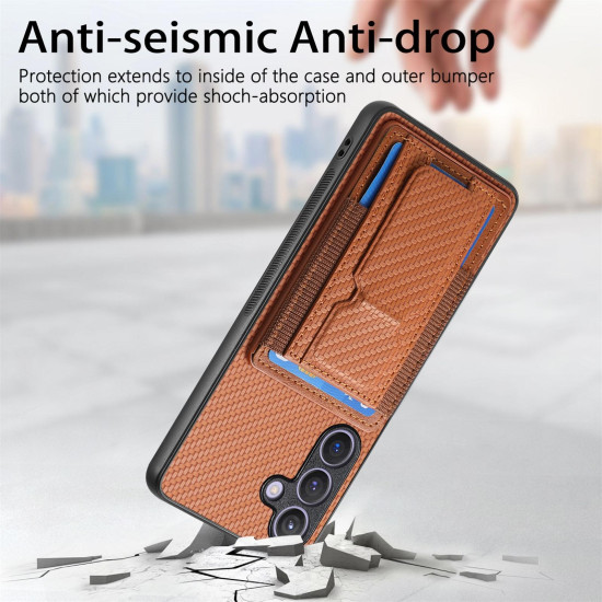 For Samsung Galaxy S24+ 5G Carbon Fiber Fold Stand Elastic Card Bag Phone Case(Brown)