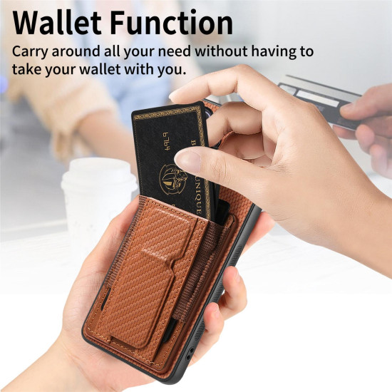 For Samsung Galaxy S24+ 5G Carbon Fiber Fold Stand Elastic Card Bag Phone Case(Brown)
