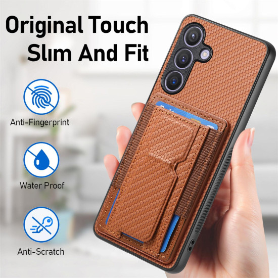 For Samsung Galaxy S24+ 5G Carbon Fiber Fold Stand Elastic Card Bag Phone Case(Brown)