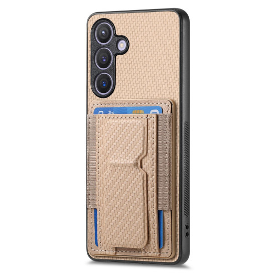 For Samsung Galaxy S24+ 5G Carbon Fiber Fold Stand Elastic Card Bag Phone Case(Khaki)