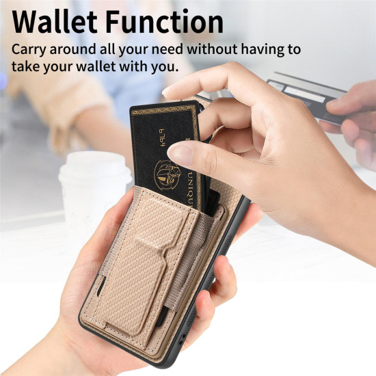 For Samsung Galaxy S24+ 5G Carbon Fiber Fold Stand Elastic Card Bag Phone Case(Khaki)