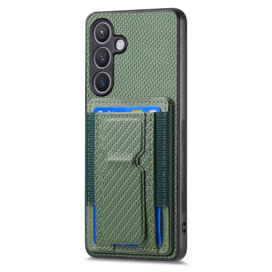 For Samsung Galaxy S24+ 5G Carbon Fiber Fold Stand Elastic Card Bag Phone Case(Green)
