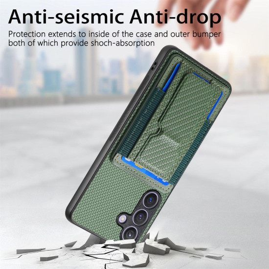 For Samsung Galaxy S24+ 5G Carbon Fiber Fold Stand Elastic Card Bag Phone Case(Green)