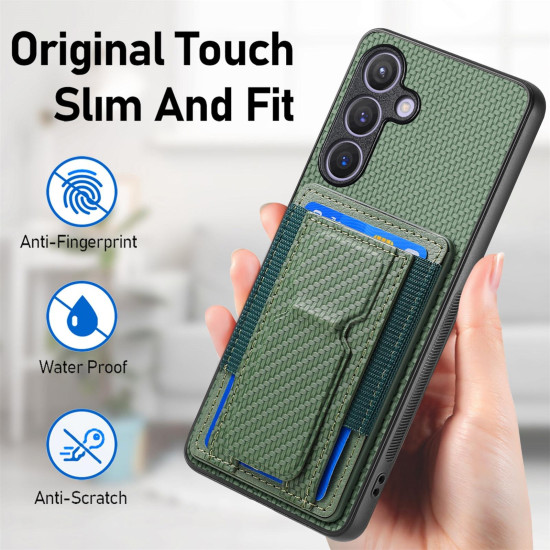 For Samsung Galaxy S24+ 5G Carbon Fiber Fold Stand Elastic Card Bag Phone Case(Green)