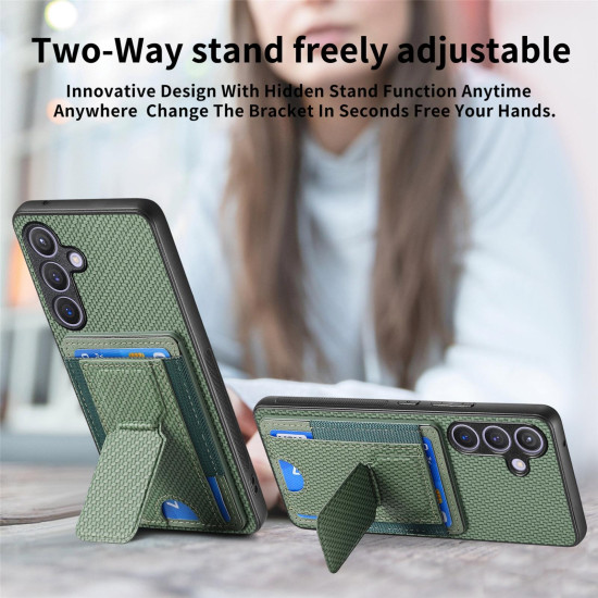 For Samsung Galaxy S24+ 5G Carbon Fiber Fold Stand Elastic Card Bag Phone Case(Green)