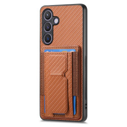 For Samsung Galaxy S23 5G Carbon Fiber Fold Stand Elastic Card Bag Phone Case(Brown)