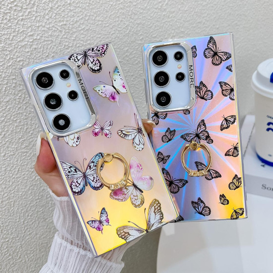 For Samsung Galaxy S24+ 5G Electroplating Laser Butterfly Ring Holder Phone Case(Pink Butterflies AB2)