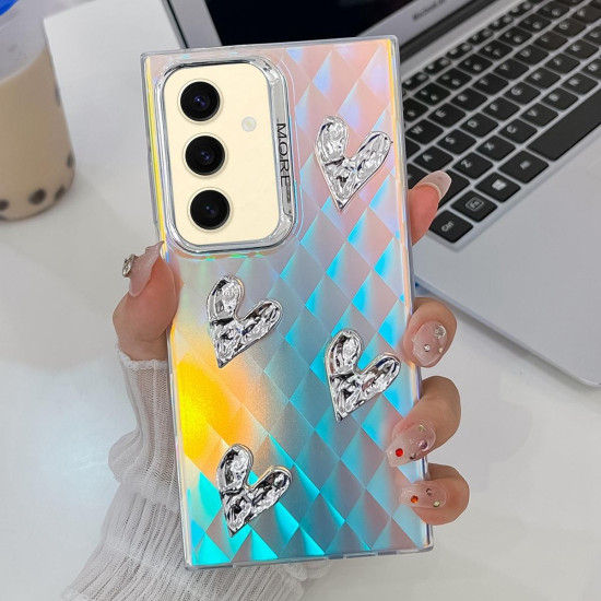 For Samsung Galaxy S24+ 5G Electroplating 4-Heart Laser Texture TPU Phone Case(Plaid)