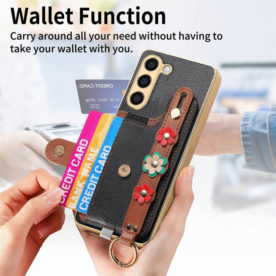 For Samsung Galaxy S23+ 5G Stereoscopic Flowers Wristband Card Bag Phone Case(Black)