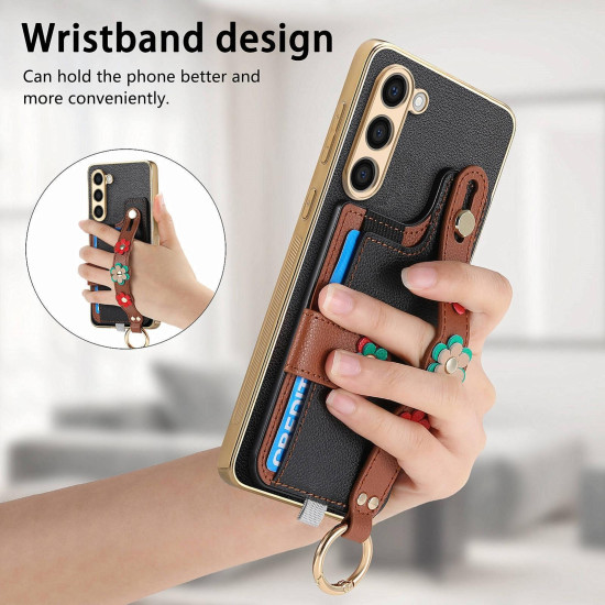 For Samsung Galaxy S23+ 5G Stereoscopic Flowers Wristband Card Bag Phone Case(Black)
