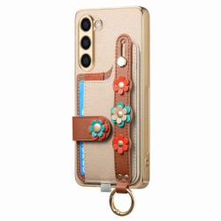 For Samsung Galaxy S23+ 5G Stereoscopic Flowers Wristband Card Bag Phone Case(Khaki)
