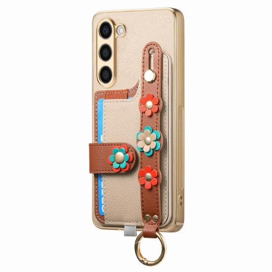 For Samsung Galaxy S23+ 5G Stereoscopic Flowers Wristband Card Bag Phone Case(Khaki)
