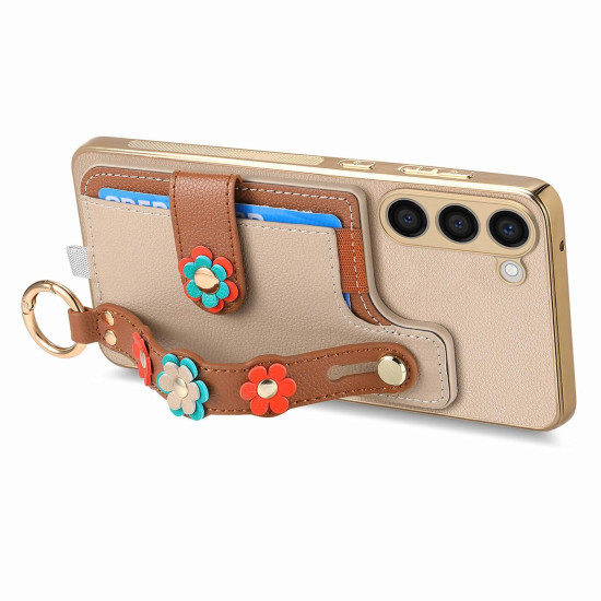 For Samsung Galaxy S23+ 5G Stereoscopic Flowers Wristband Card Bag Phone Case(Khaki)