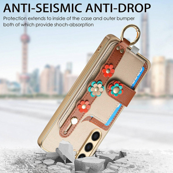 For Samsung Galaxy S23+ 5G Stereoscopic Flowers Wristband Card Bag Phone Case(Khaki)