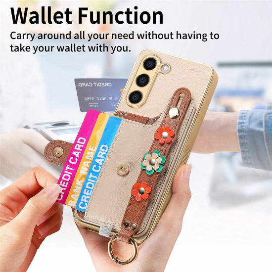 For Samsung Galaxy S23+ 5G Stereoscopic Flowers Wristband Card Bag Phone Case(Khaki)