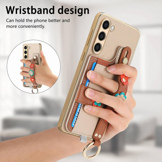 For Samsung Galaxy S23+ 5G Stereoscopic Flowers Wristband Card Bag Phone Case(Khaki)