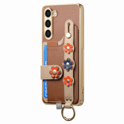 For Samsung Galaxy S23+ 5G Stereoscopic Flowers Wristband Card Bag Phone Case(Brown)