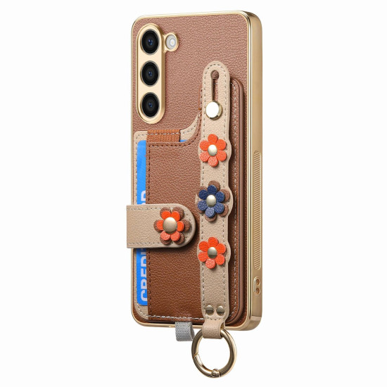 For Samsung Galaxy S23+ 5G Stereoscopic Flowers Wristband Card Bag Phone Case(Brown)