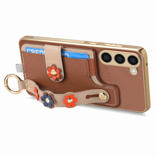 For Samsung Galaxy S23+ 5G Stereoscopic Flowers Wristband Card Bag Phone Case(Brown)