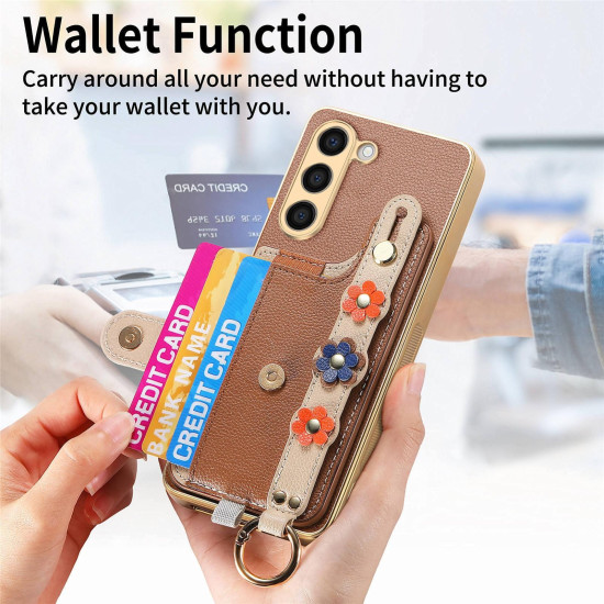 For Samsung Galaxy S23+ 5G Stereoscopic Flowers Wristband Card Bag Phone Case(Brown)