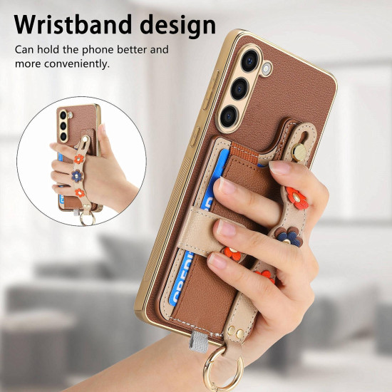 For Samsung Galaxy S23+ 5G Stereoscopic Flowers Wristband Card Bag Phone Case(Brown)