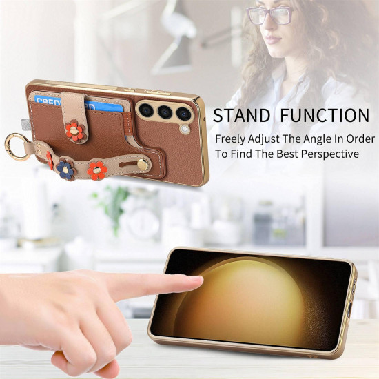 For Samsung Galaxy S23+ 5G Stereoscopic Flowers Wristband Card Bag Phone Case(Brown)