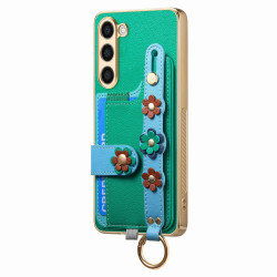 For Samsung Galaxy S23+ 5G Stereoscopic Flowers Wristband Card Bag Phone Case(Green)