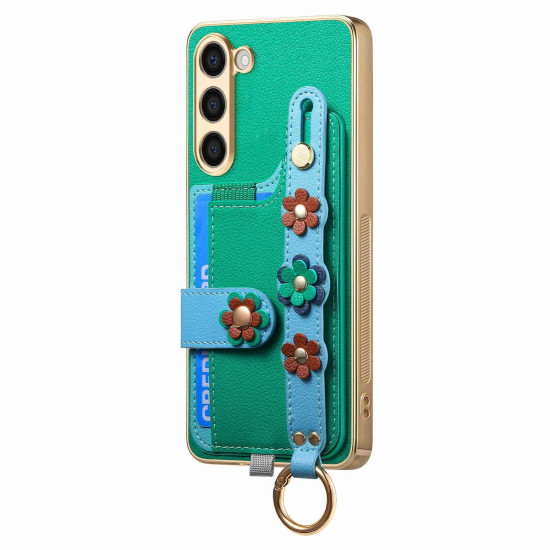 For Samsung Galaxy S23+ 5G Stereoscopic Flowers Wristband Card Bag Phone Case(Green)