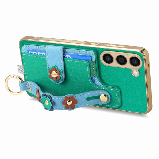 For Samsung Galaxy S23+ 5G Stereoscopic Flowers Wristband Card Bag Phone Case(Green)