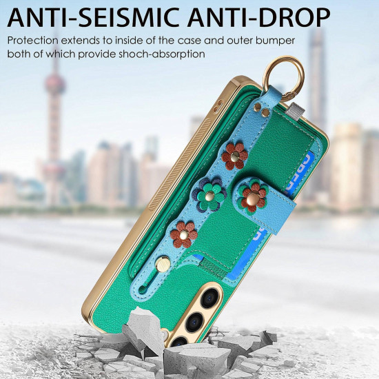 For Samsung Galaxy S23+ 5G Stereoscopic Flowers Wristband Card Bag Phone Case(Green)