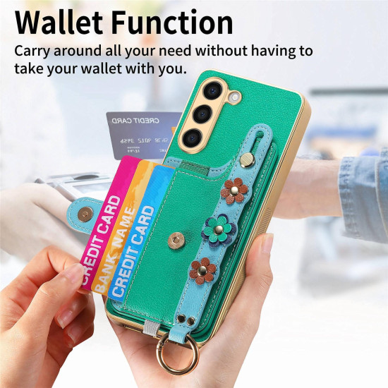 For Samsung Galaxy S23+ 5G Stereoscopic Flowers Wristband Card Bag Phone Case(Green)