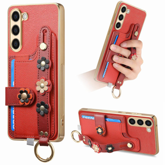 For Samsung Galaxy S23+ 5G Stereoscopic Flowers Wristband Card Bag Phone Case(Red)