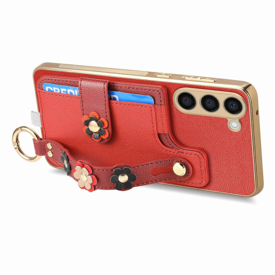 For Samsung Galaxy S23+ 5G Stereoscopic Flowers Wristband Card Bag Phone Case(Red)