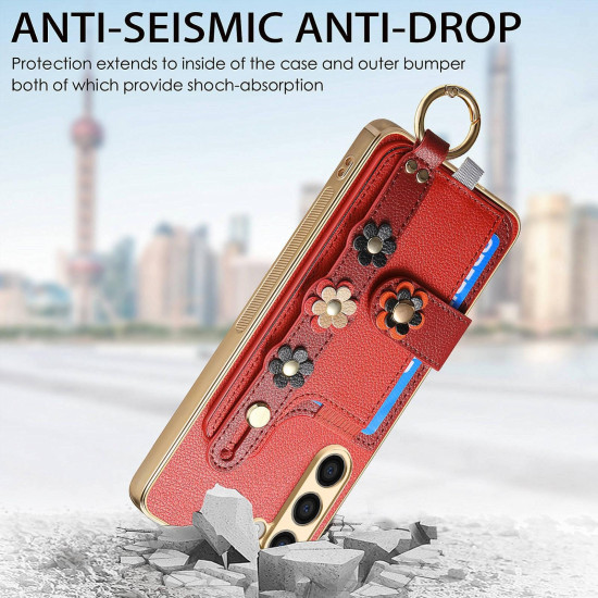 For Samsung Galaxy S23+ 5G Stereoscopic Flowers Wristband Card Bag Phone Case(Red)