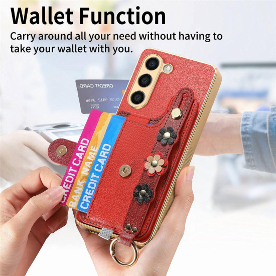 For Samsung Galaxy S23+ 5G Stereoscopic Flowers Wristband Card Bag Phone Case(Red)