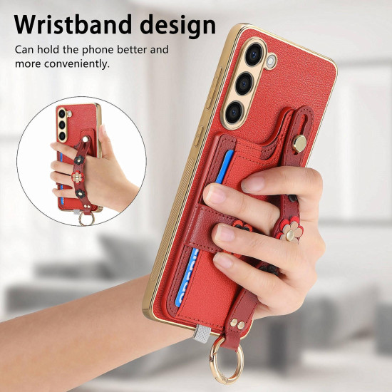 For Samsung Galaxy S23+ 5G Stereoscopic Flowers Wristband Card Bag Phone Case(Red)