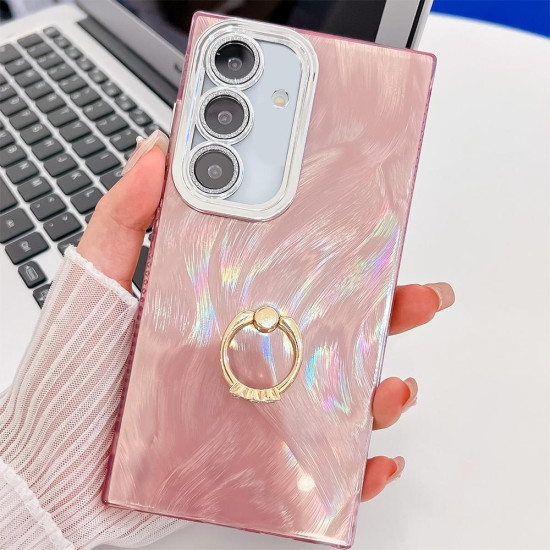 For Samsung Galaxy S24+ 5G Plating Glitter Texture Ring Holder TPU Phone Case with Lens Film(Pink Feather Yarn)