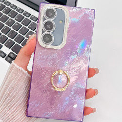 For Samsung Galaxy S24+ 5G Plating Glitter Texture Ring Holder TPU Phone Case with Lens Film(Purple Tinfoil Texture)